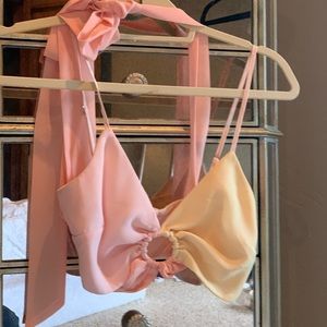 revolve lovers + friends pink and yellow easton wrap top XS